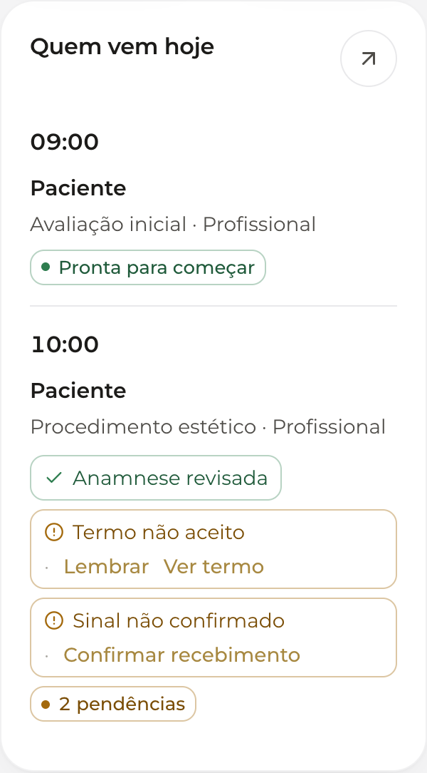 Tela Hoje: quem vem hoje, com anamnese, termo e sinal de cada atendimento