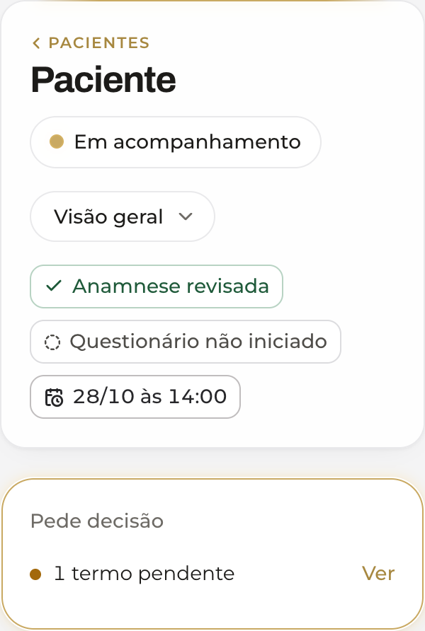 Ficha da paciente na Aurea: situação, anamnese revisada, termo pendente e o próximo atendimento