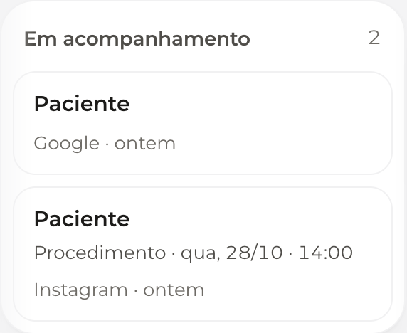 CRM da clínica: pacientes por etapa, cada uma com a origem do contato