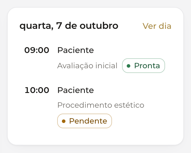 Agenda da clínica: os atendimentos do dia, cada um com a sua situação